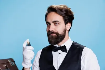 Rich elegant man spraying perfume