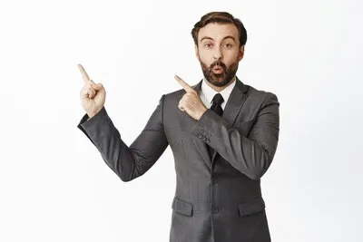Enthusiastic salesman say wow pointing at upper left corner advertisement showing diagram company name on copy space white background