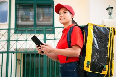 Smiling female courier with yellow thermal bag delivering order on foot. Cheerful deliverywoman in red cap and shirt walking on street with tablet. Delivery service and online shopping concept