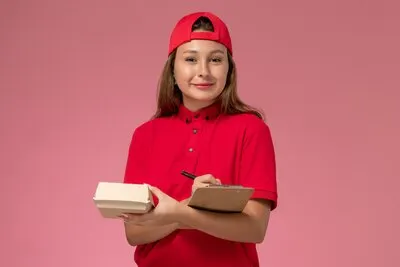 Front view female courier in red uniform and cape holding little delivery food package and notepad writing on pink wall, job uniform delivery service worker