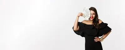 Beauty and shopping concept fashionable woman with red lips showing dollars and smiling standing ove