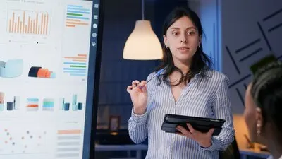 Executive manager woman brainstorming management solution showing company strategy