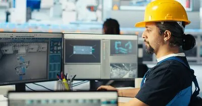 Photovoltaics factory engineer planning work on facility floor in CAD software