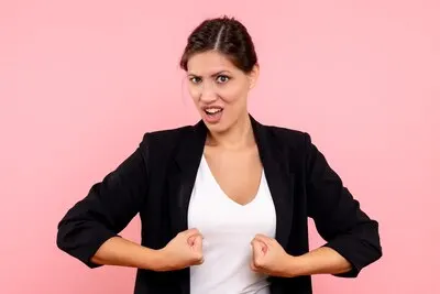 Front view young female in dark jacket on pink background