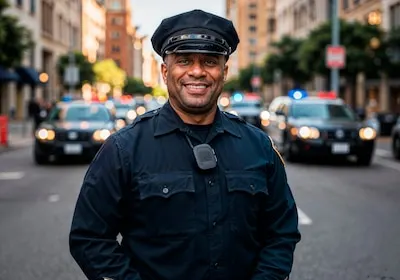 Smiling police officer standing in a city street