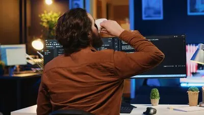 IT specialist in home office enjoying hot beverage while programming