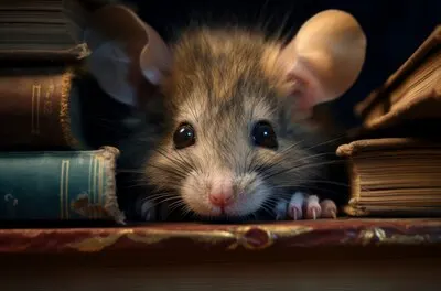 Close up on adorable rat behind books