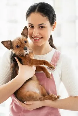 Medium shot girl posing with dog