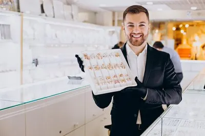 Sales man at jewelry shop demonstrating jewellery