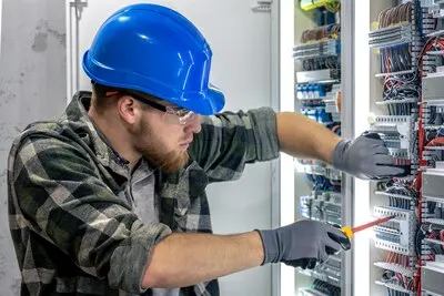 Electrician connecting wires Work inside panel Engineer with tool