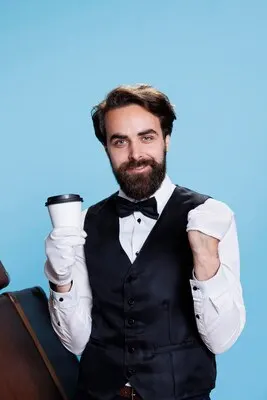 Confident doorman feels happy in studio