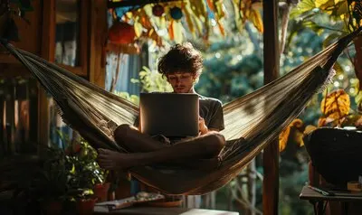 Front view man living as a digital nomad