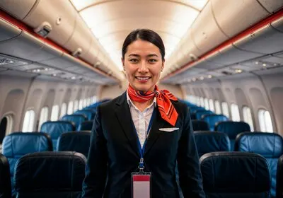 Smiling flight attendant in airplane