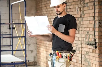 Constructor con casco y cinturón de herramientas revisando un plano en una obra